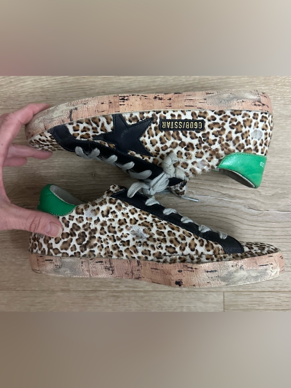 Golden Goose GGDB Super Star Leopard Pony Hair Sneakers Green Heel Tab EU 37 - Picture 2 of 12